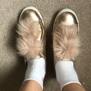 Steve Madden pink slip on shoes with fuzzy balls